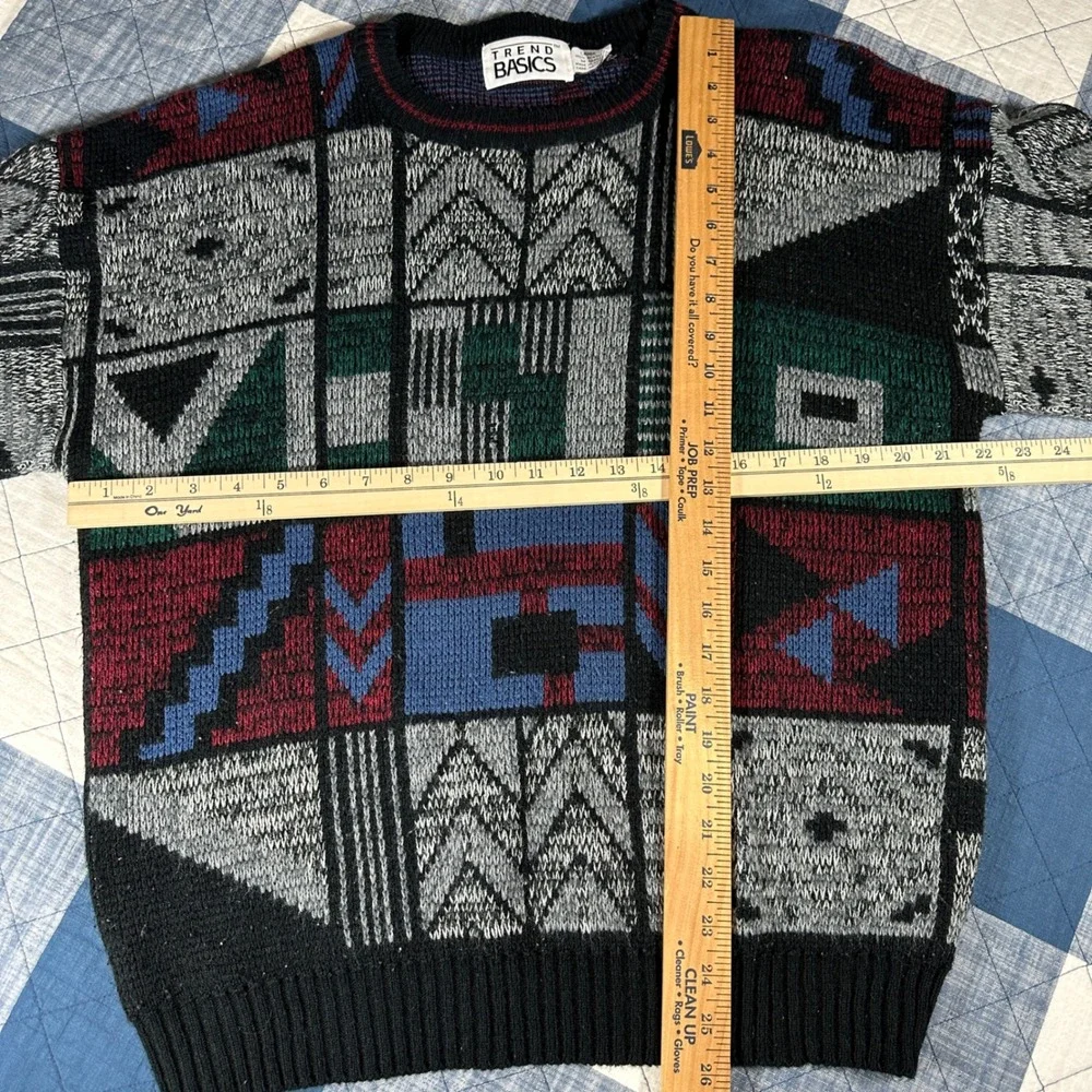 Vintage 90s Sweater Trend Basics Mens Large Multi Geometric Abstract Knit Good